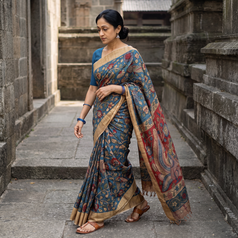 Blue Pure Handloom Desi Tussar Silk Handpainted Srikalahasti Pen Kalamkari Saree with Zari Border, draped and worn by a woman, AI visual of the saree, iTokri