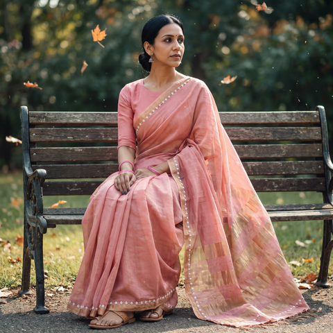 Pink Pure Handloom Tissue Zari Buti Bead Work Katan Silk Chanderi Saree, draped and worn by a woman, AI visual of the saree, iTokri