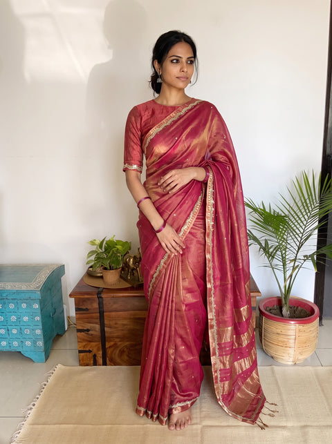 Pink Pure Handloom Tissue Zari Buti Bead Work Katan Silk Chanderi Saree, draped and worn by a woman, AI visual of the saree, iTokri