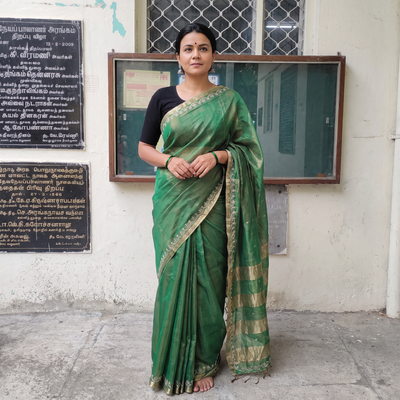 Green Pure Handloom Tissue Zari Buti Bead Work Katan Silk Chanderi Saree, draped and worn by a woman, AI visual of the saree, iTokri