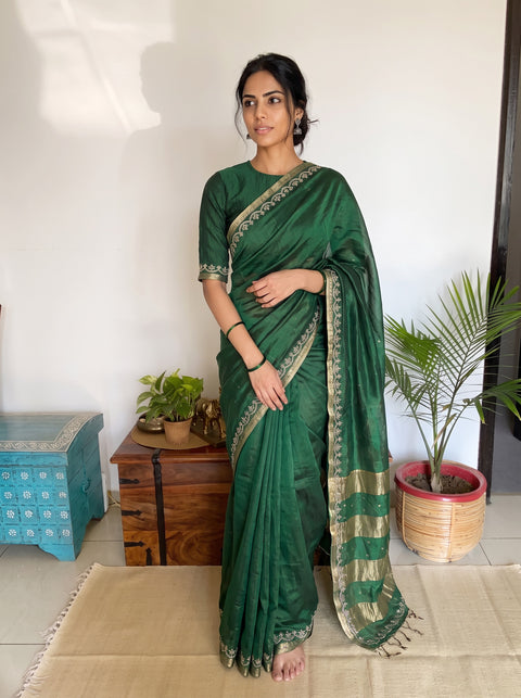 Green Pure Handloom Tissue Zari Buti Bead Work Katan Silk Chanderi Saree, draped and worn by a woman, AI visual of the saree, iTokri