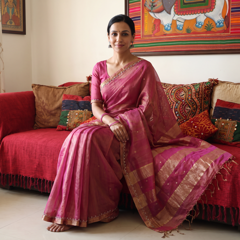 Pink Pure Handloom Tissue Zari Buti Bead Work Katan Silk Chanderi Saree, draped and worn by a woman, AI visual of the saree, iTokri