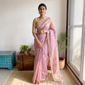 Pink Pure Handloom Tissue Zari Buti Bead Work Katan Silk Chanderi Saree, draped and worn by a woman, AI visual of the saree, iTokri