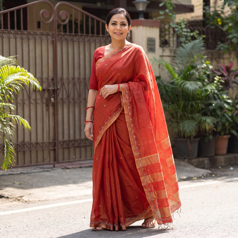 Red Pure Handloom Tissue Zari Buti Bead Work Katan Silk Chanderi Saree, draped and worn by a woman, AI visual of the saree, iTokri