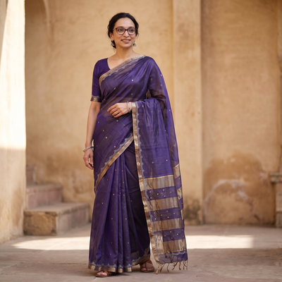 Purple Pure Handloom Tissue Zari Buti Bead Work Katan Silk Chanderi Saree, draped and worn by a woman, AI visual of the saree, iTokri