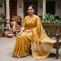 Yellow Pure Handloom Tissue Zari Buti Bead Work Katan Silk Chanderi Saree, draped and worn by a woman, AI visual of the saree, iTokri