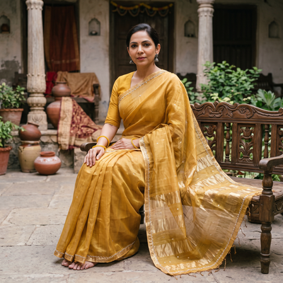 Yellow Pure Handloom Tissue Zari Buti Bead Work Katan Silk Chanderi Saree, draped and worn by a woman, AI visual of the saree, iTokri