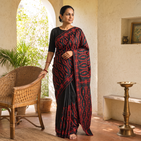 Black Pure Handloom Tussar Silk Gujarati Stitch Saree, draped and worn by a woman, AI visual of the saree, iTokri