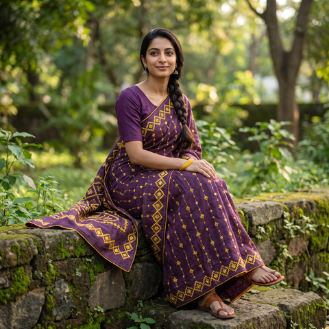 Purple Pure Handloom Tussar Silk Gujarati Stitch Saree, draped and worn by a woman, AI visual of the saree, iTokri
