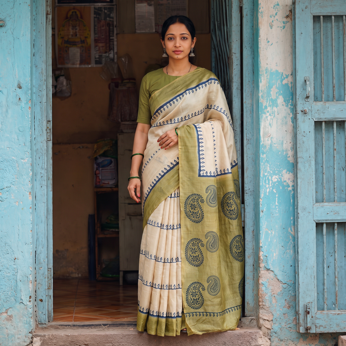 Beige Pure Handloom Tussar Silk Saree in Bengal Hand Block Prints, draped and worn by a woman, AI visual of the saree, iTokri