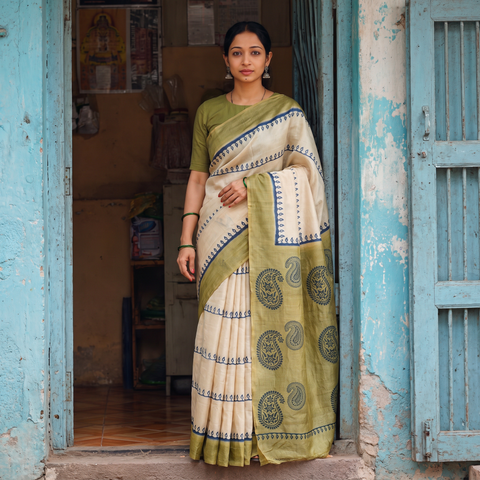 Beige Pure Handloom Tussar Silk Saree in Bengal Hand Block Prints, draped and worn by a woman, AI visual of the saree, iTokri