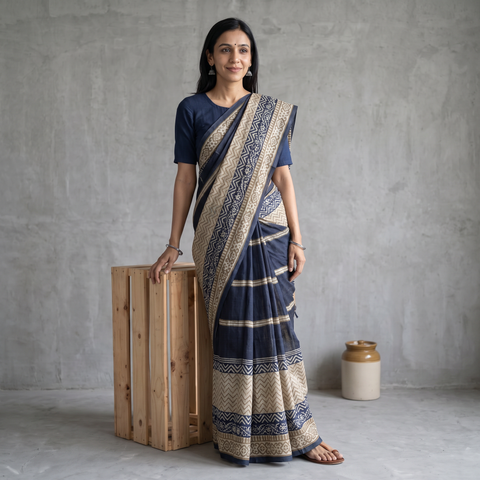 Blue Pure Handloom Tussar Silk Saree in Bengal Hand Block Prints, draped and worn by a woman, AI visual of the saree, iTokri