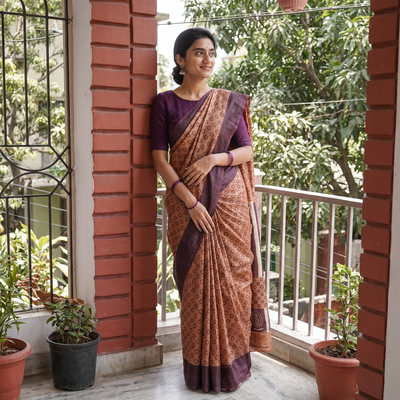 Orange Pure Handloom Tussar Silk Saree in Bengal Hand Block Prints, draped and worn by a woman, AI visual of the saree, iTokri