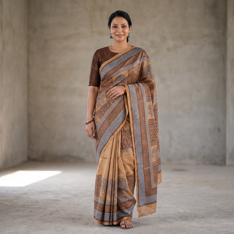 Beige Pure Handloom Tussar Silk Saree in Bengal Hand Block Prints, draped and worn by a woman, AI visual of the saree, iTokri