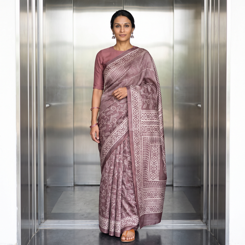 Pink Pure Handloom Tussar Silk Saree in Bengal Hand Block Prints, draped and worn by a woman, AI visual of the saree, iTokri
