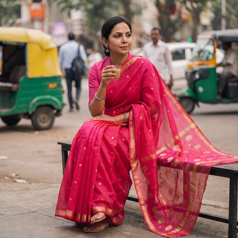 Pink Pure Handloom Zari Buta Katan Silk Chanderi Saree, draped and worn by a woman, AI visual of the saree, iTokri
