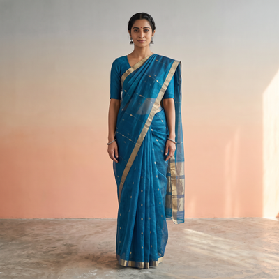 Blue Pure Handloom Zari Buta Katan Silk Chanderi Saree, draped and worn by a woman, AI visual of the saree, iTokri