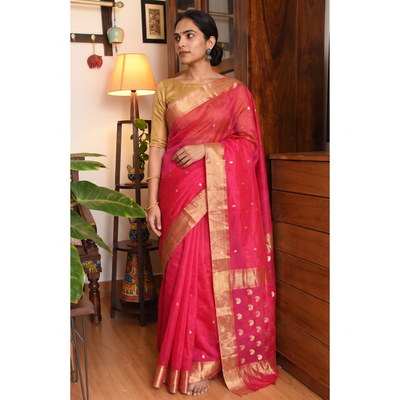 Pink Pure Handloom Zari Buta Katan Silk Chanderi Saree, draped and worn by a woman, AI visual of the saree, iTokri