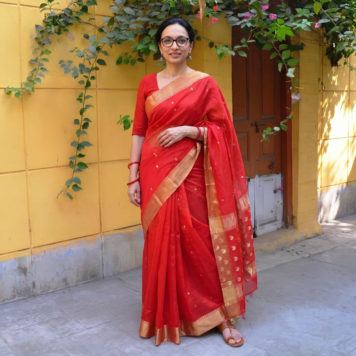 Red Pure Handloom Zari Buta Katan Silk Chanderi Saree, draped and worn by a woman, AI visual of the saree, iTokri