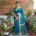 Blue Pure Handloom Zari Buta Katan Silk Chanderi Saree, draped and worn by a woman, AI visual of the saree, iTokri