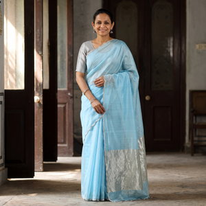 Blue Pure Handloom Zari Pallu Bead Work Chanderi Silk Saree, draped and worn by a woman, AI visual of the saree, iTokri