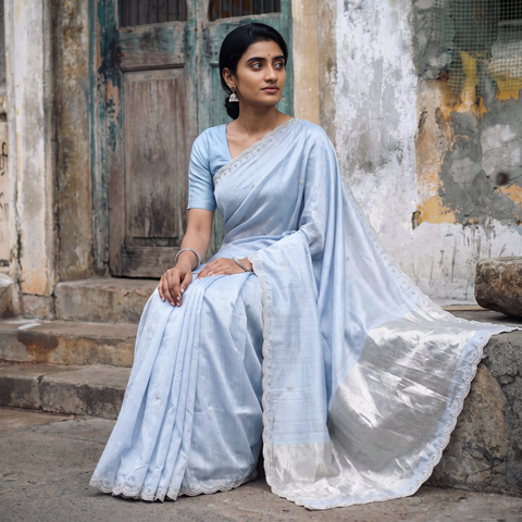 Blue Pure Handloom Zari Pallu Bead Work Chanderi Silk Saree, draped and worn by a woman, AI visual of the saree, iTokri
