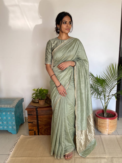Green Pure Handloom Zari Pallu Bead Work Chanderi Silk Saree, draped and worn by a woman, AI visual of the saree, iTokri