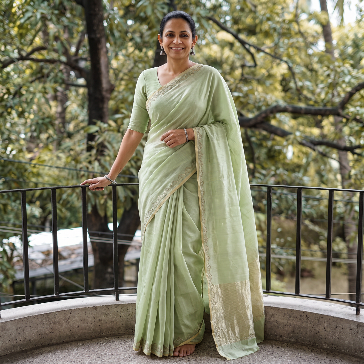 Green Pure Handloom Zari Pallu Bead Work Chanderi Silk Saree, draped and worn by a woman, AI visual of the saree, iTokri