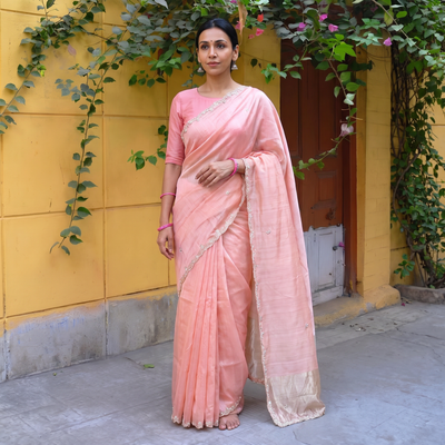 Pink Pure Handloom Zari Pallu Bead Work Chanderi Silk Saree, draped and worn by a woman, AI visual of the saree, iTokri