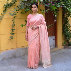 Pink Pure Handloom Zari Pallu Bead Work Chanderi Silk Saree, draped and worn by a woman, AI visual of the saree, iTokri
