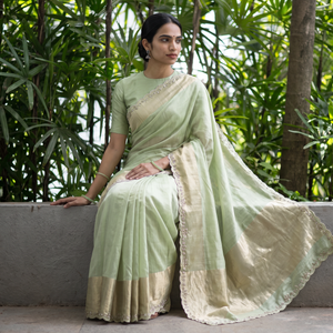 Green Pure Handloom Zari Pallu Bead Work Chanderi Silk Saree, draped and worn by a woman, AI visual of the saree, iTokri