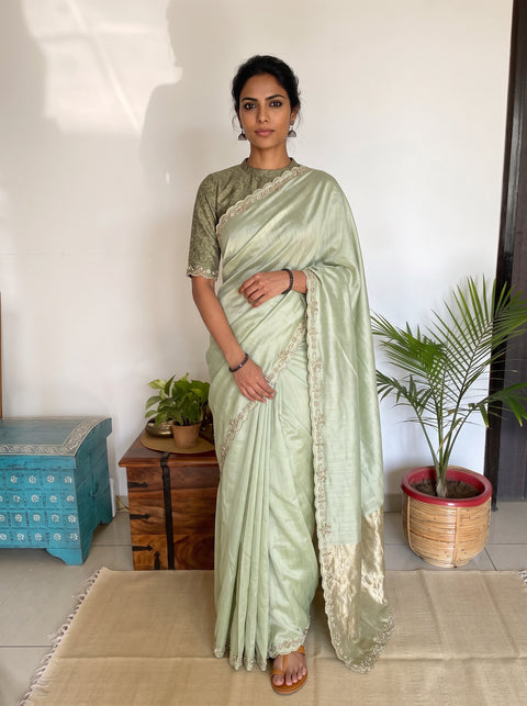 Green Pure Handloom Zari Pallu Bead Work Chanderi Silk Saree, draped and worn by a woman, AI visual of the saree, iTokri