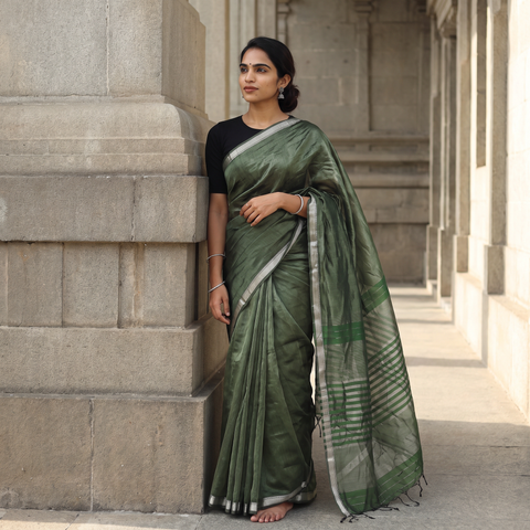 Green Pure Handloom Zari Stripes Katan Silk Chanderi Saree, draped and worn by a woman, AI visual of the saree, iTokri
