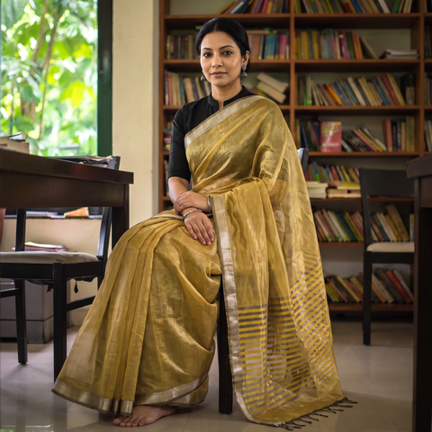 Yellow Pure Handloom Zari Stripes Katan Silk Chanderi Saree, draped and worn by a woman, AI visual of the saree, iTokri