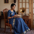Blue Pure Handwoven Mangalagiri Cotton Saree with Nizam Zari Border, draped and worn by a woman, AI visual of the saree, iTokri