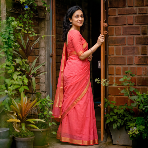 Pink Pure Handwoven Mangalagiri Cotton Saree with Nizam Zari Border, draped and worn by a woman, AI visual of the saree, iTokri