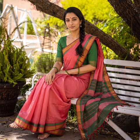 Pink Pure Handwoven Mangalagiri Cotton Saree with Zari Border, draped and worn by a woman, AI visual of the saree, iTokri