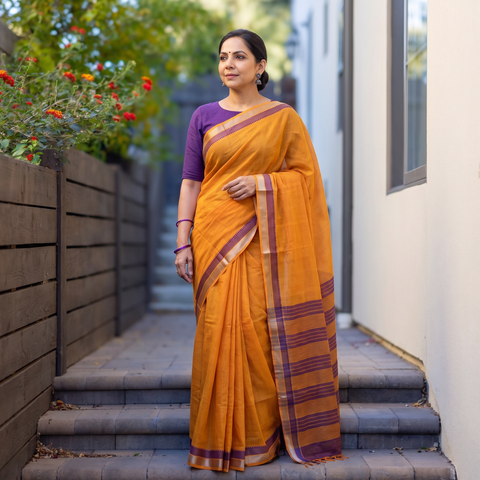 Yellow Pure Handwoven Mangalagiri Cotton Saree with Zari Border, draped and worn by a woman, AI visual of the saree, iTokri