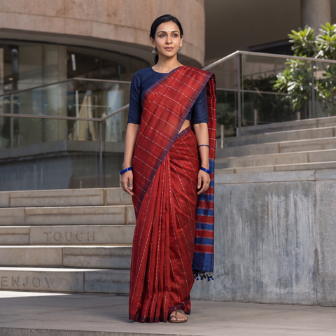 Red Pure Handwoven Mangalagiri Silk Cotton Pattu Saree, draped and worn by a woman, AI visual of the saree, iTokri