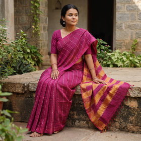 Purple Pure Handwoven Mangalagiri Silk Cotton Pattu Saree, draped and worn by a woman, AI visual of the saree, iTokri