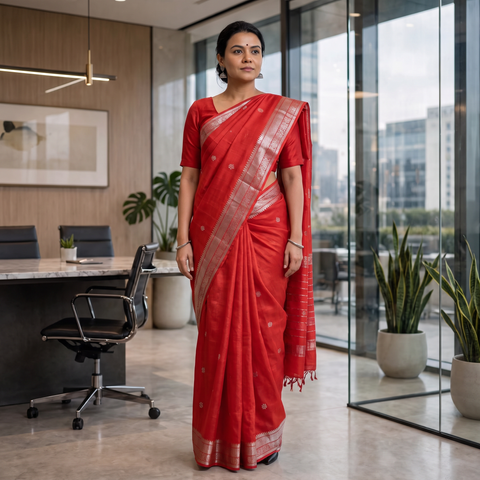 Red Pure Handwoven Mangalagiri Silk Cotton Pattu Saree with Zari Border, draped and worn by a woman, AI visual of the saree, iTokri