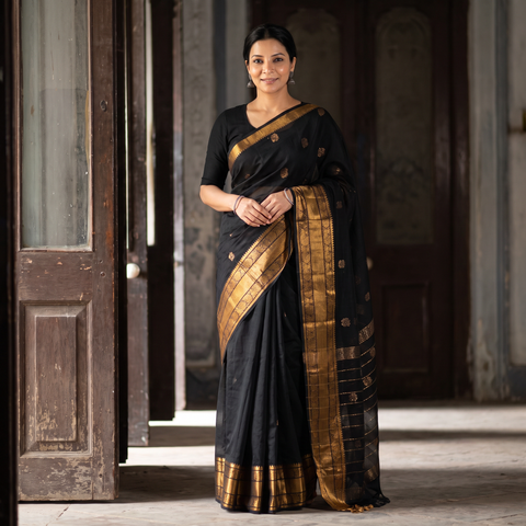 Black Pure Handwoven Mangalagiri Silk Cotton Pattu Saree with Zari Border, draped and worn by a woman, AI visual of the saree, iTokri