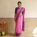 Pink Pure Handwoven Mangalagiri Silk Cotton Pattu Saree with Zari Border, draped and worn by a woman, AI visual of the saree, iTokri