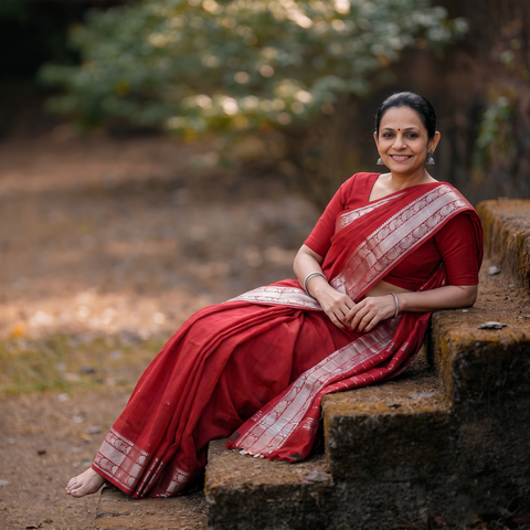Red Pure Handwoven Mangalagiri Silk Cotton Pattu Saree with Zari Border, draped and worn by a woman, AI visual of the saree, iTokri