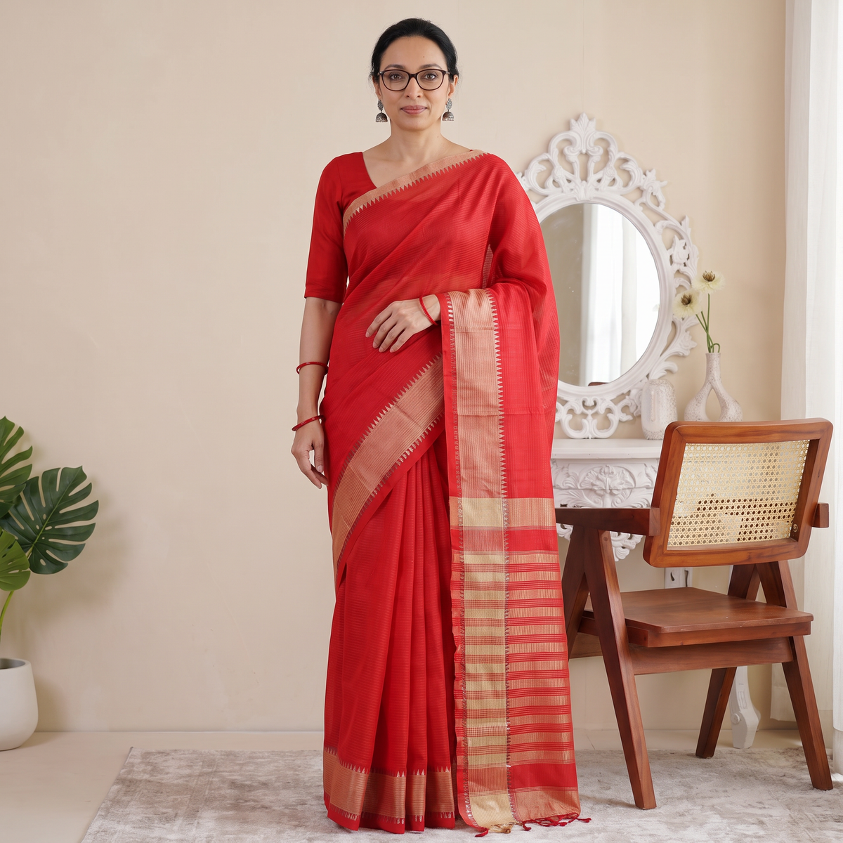 Red Pure Handwoven Mangalagiri Silk Cotton Pattu Saree with Zari Border, draped and worn by a woman, AI visual of the saree, iTokri