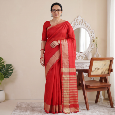 Red Pure Handwoven Mangalagiri Silk Cotton Pattu Saree with Zari Border, draped and worn by a woman, AI visual of the saree, iTokri