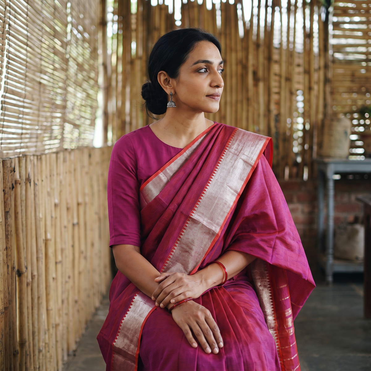 Pink Pure Handwoven Mangalagiri Silk Cotton Pattu Saree with Zari Border, draped and worn by a woman, AI visual of the saree, iTokri