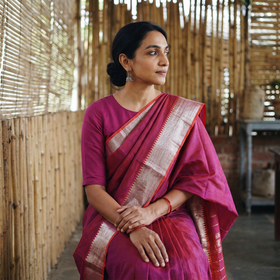 Pink Pure Handwoven Mangalagiri Silk Cotton Pattu Saree with Zari Border, draped and worn by a woman, AI visual of the saree, iTokri