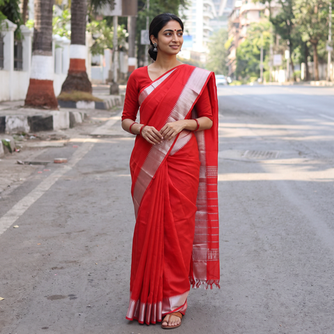 Red Pure Handwoven Mangalagiri Silk Cotton Pattu Saree with Zari Border, draped and worn by a woman, AI visual of the saree, iTokri