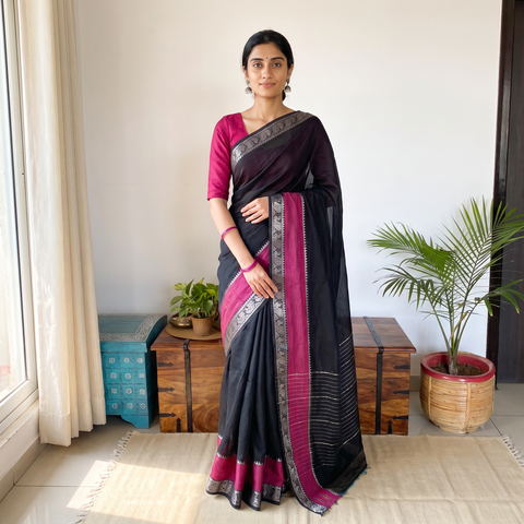 Black Pure Handwoven Mangalagiri Silk Cotton Pattu Saree with Zari Border, draped and worn by a woman, AI visual of the saree, iTokri